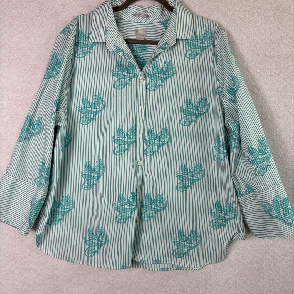 Chico's Teal and White Striped Shirt with Floral Accent